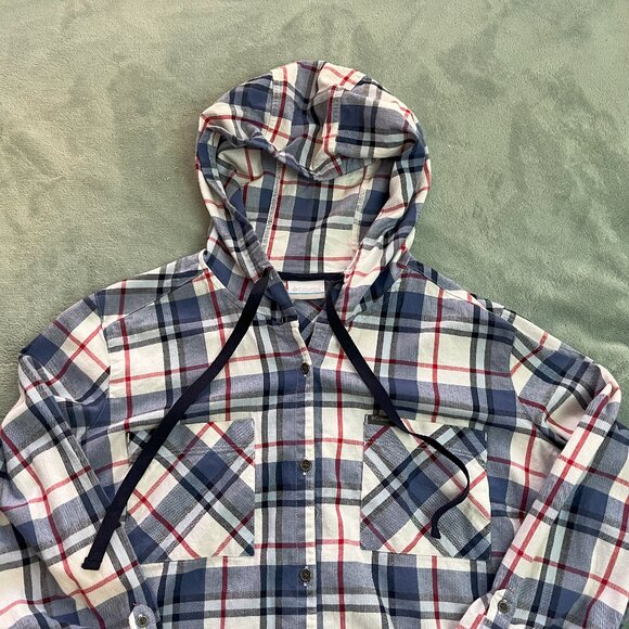 Columbia Flannel Womens XL Red White Blue Plaid Drawstring Button Up Hoodie - Picture 2 of 13